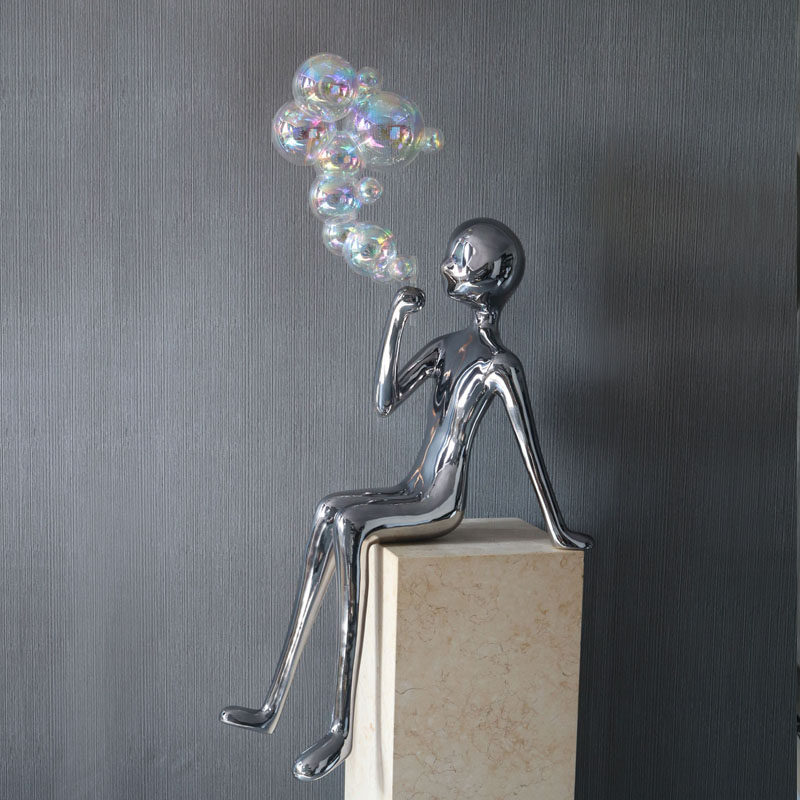 现代软装吹泡泡人物雕塑酒店乔迁卡通女孩亚克力定制摆件艺术装置
