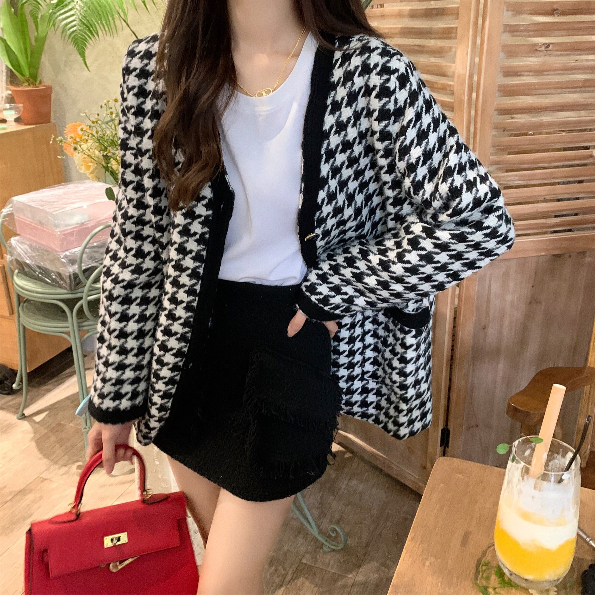 chic港味千鸟格小香风外套早春秋季气质名媛花呢上衣短外套