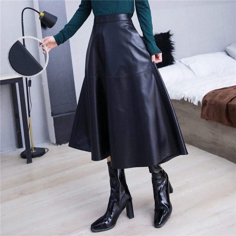 字裙女2021秋冬款绵羊皮高腰皮裙真皮黑色过膝半身裙
