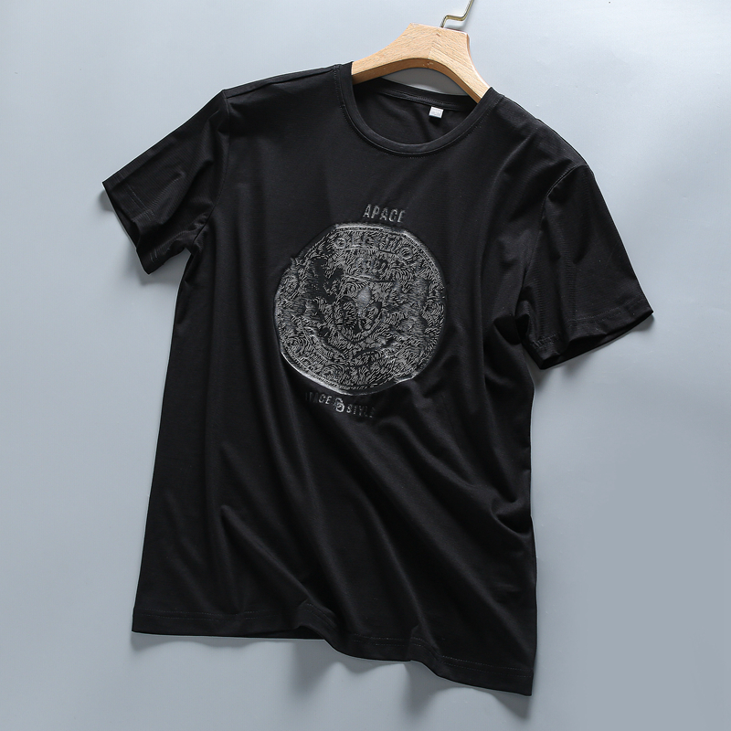 舒适莫代尔纤维 夏季男款柔顺高级印花休闲圆领短袖T恤 时尚男T潮