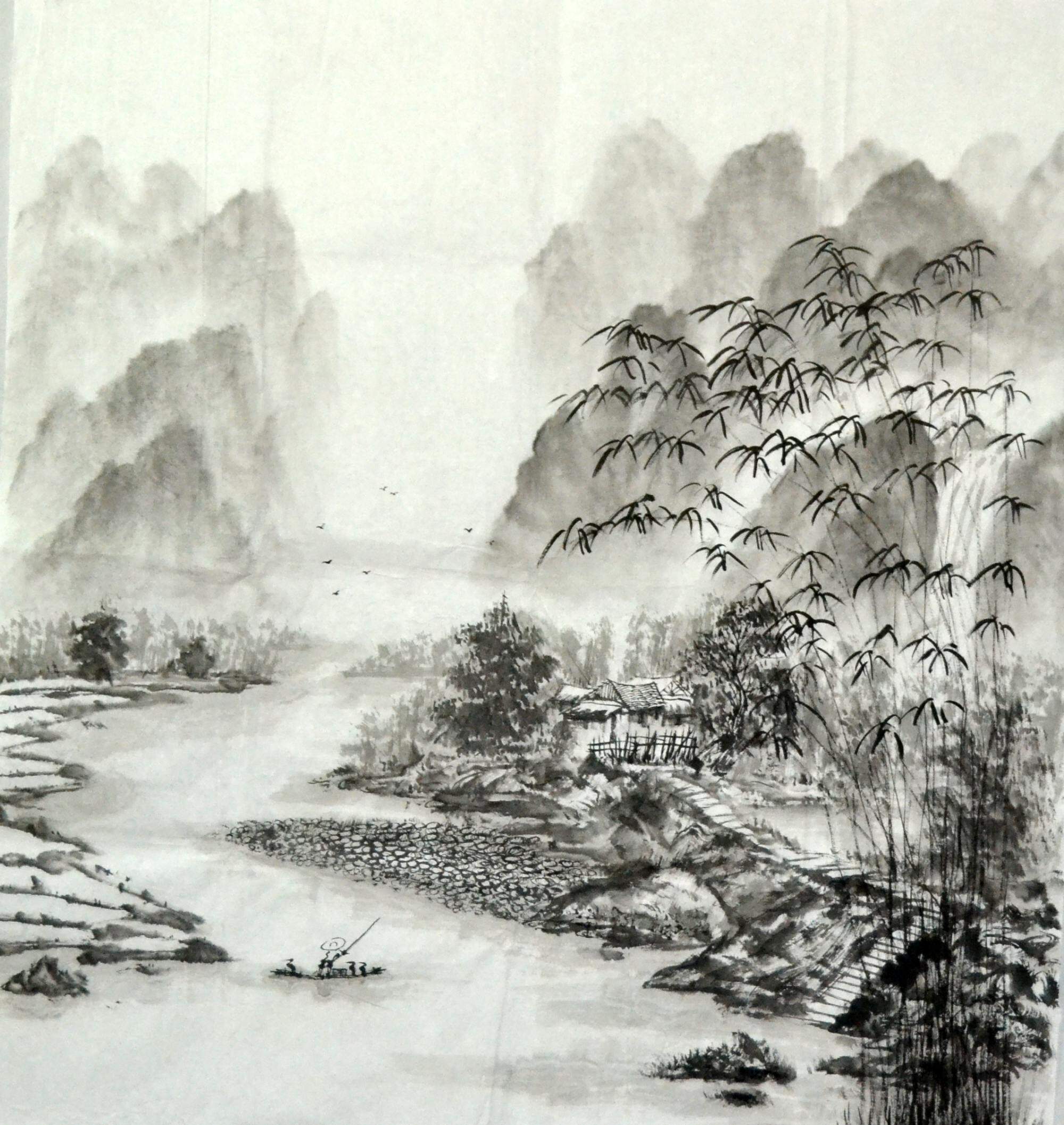 字画中式风景茶楼客厅无款手绘山水桂林水墨国画