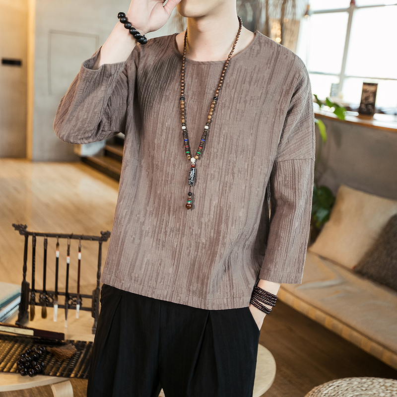 中国风男装亚麻七分袖t恤男士短袖小衫麻料复古装棉麻半袖上衣夏