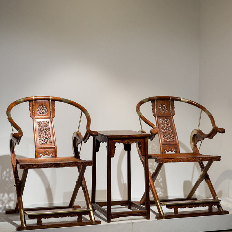 黄花梨交椅麒麟一套两椅中式古典家具椅子摆件