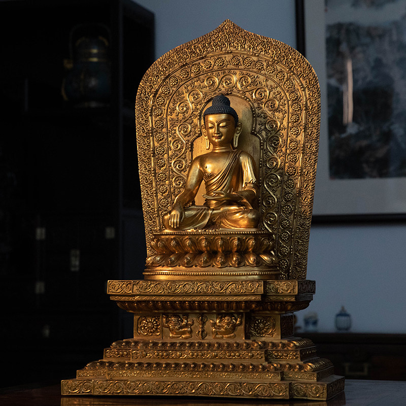 售出清代铜鎏金释伽牟尼佛像须弥座佛台背光古董装饰摆件