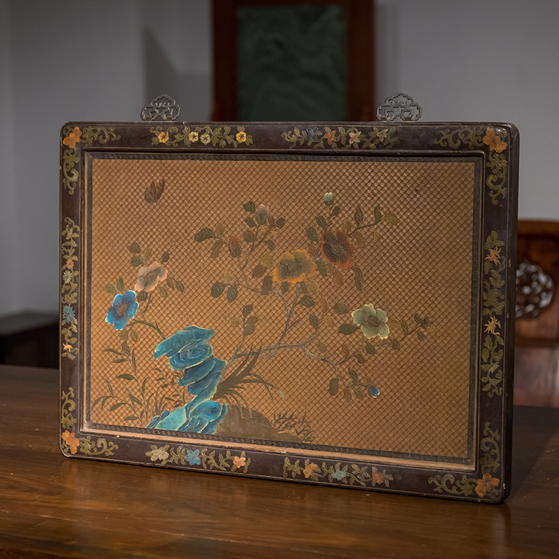 清代彩漆戗金石纹牡丹挂屏老物件文玩古董收藏大漆艺术品中式挂屏