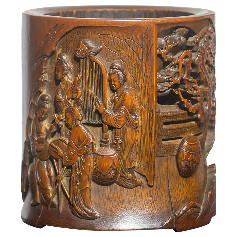 笔筒售出明代三松款竹刻乐图文玩古董书房桌面摆件