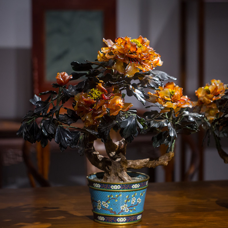 清代景泰蓝碧玉玛瑙花卉盆景一对文玩古董收藏装饰摆件