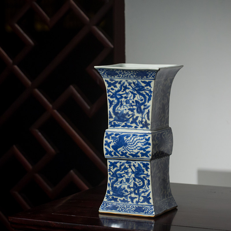 明万历青花龙凤呈祥四方尊文玩古董收藏真品青花瓷器艺术品摆件