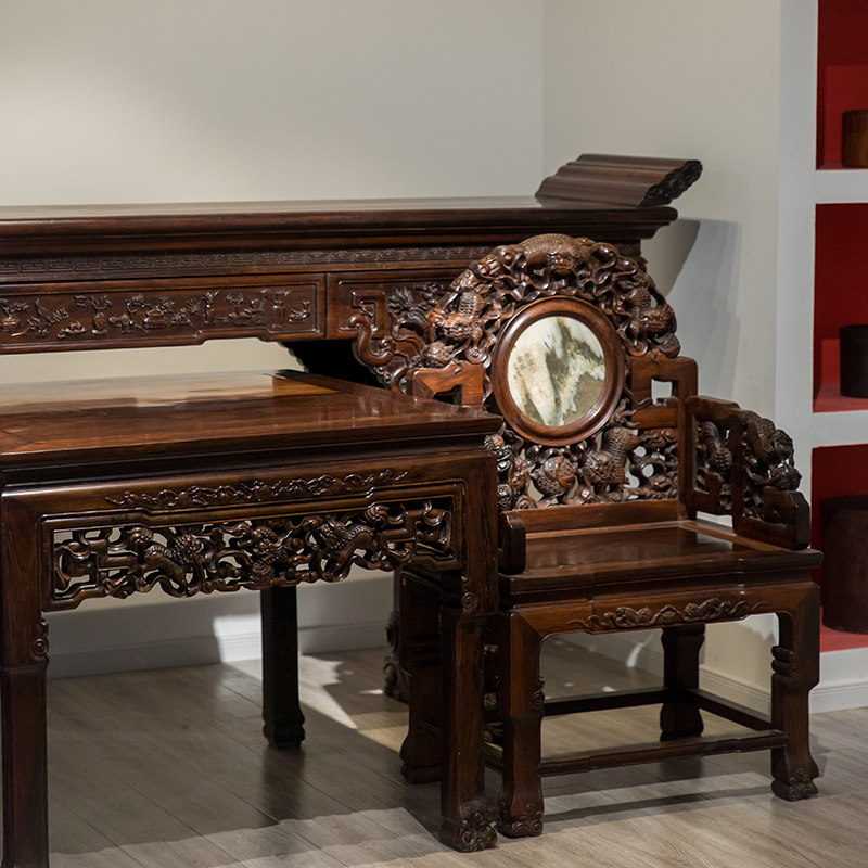 清代红木镶云石狮中堂一套四件明清古典家具收藏摆件