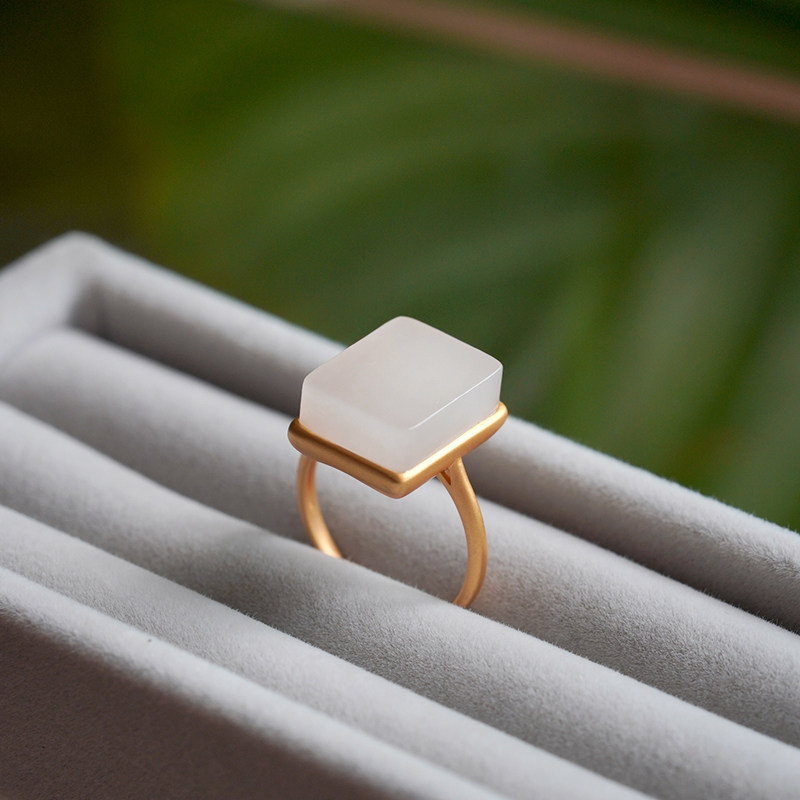 戒指良器艺术和田玉新新品白玉方戒山金镶玉羊脂手饰