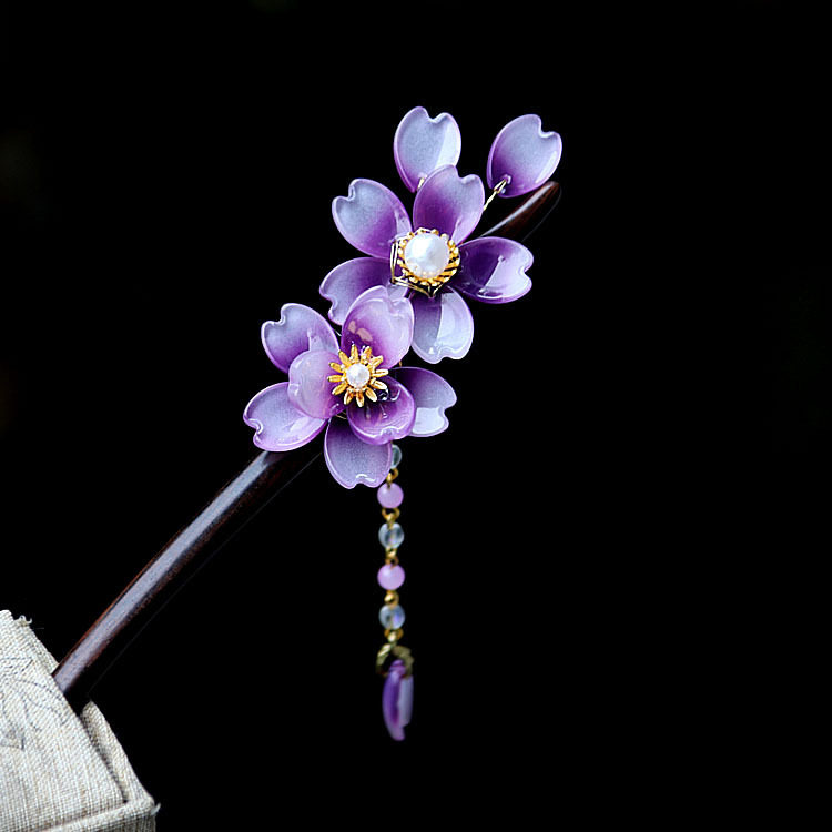 盘发紫藤花发簪原创旗袍木簪紫色发饰古风简约发饰