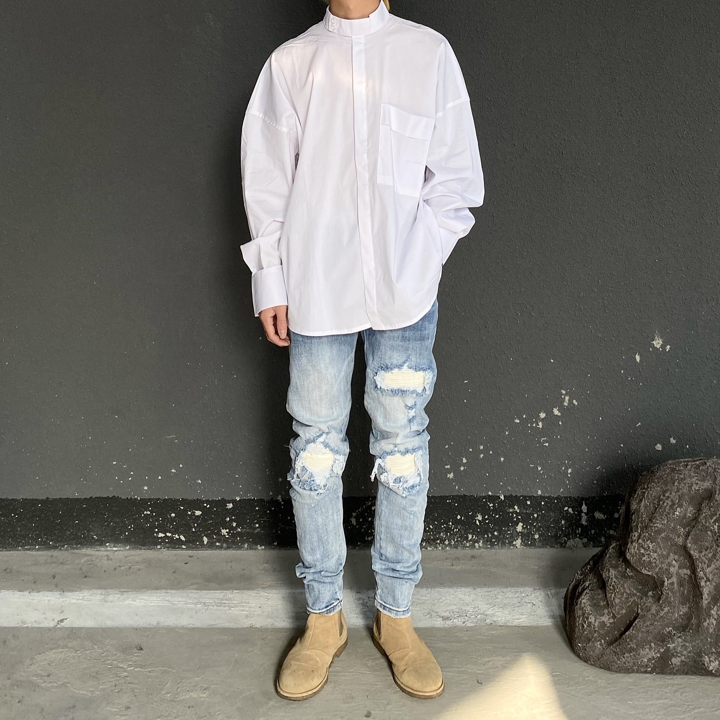 chock美高街侃爷机车拼皮白皮洗水做旧牛仔裤