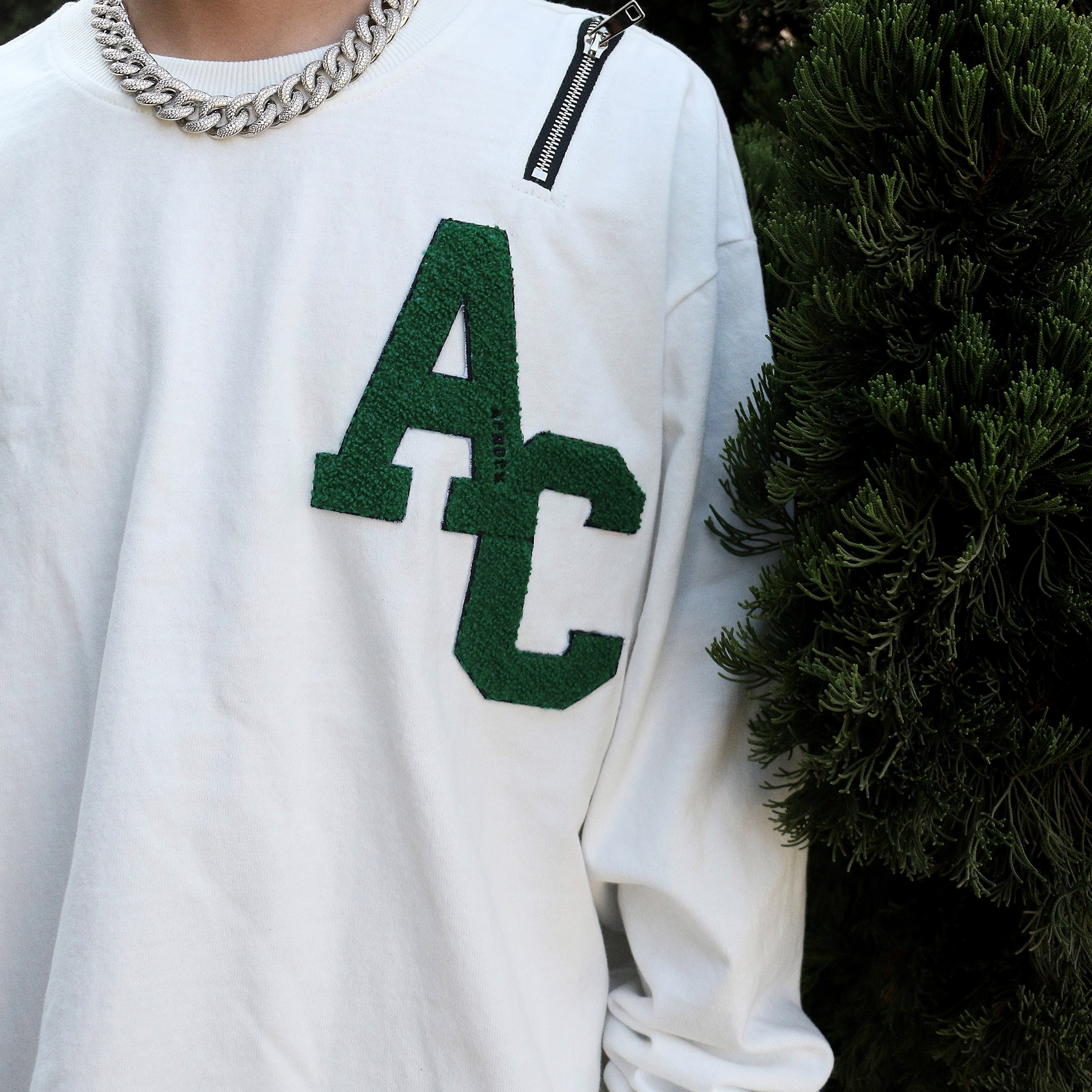 A chock21秋季原创贴布绣花拉链装饰长袖t恤衫宽松休闲潮牌卫衣男