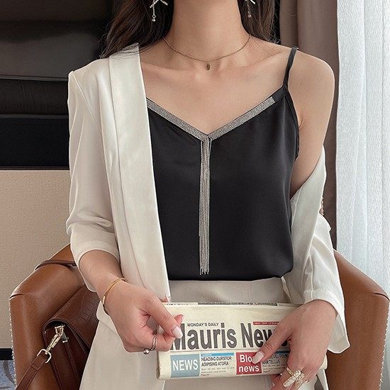 背心上衣洋气内搭链子流苏钉珠调节可调肩带背心吊带