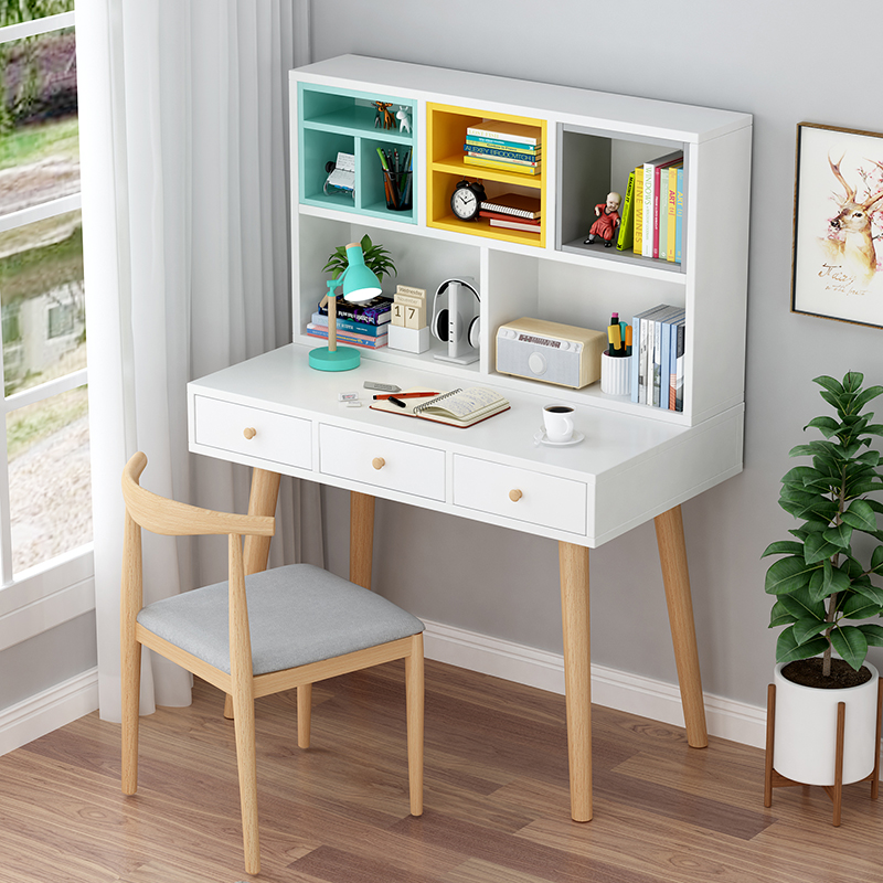 北欧书桌书柜一体桌组合简约现代学生电脑桌卧室家用小户型写字桌