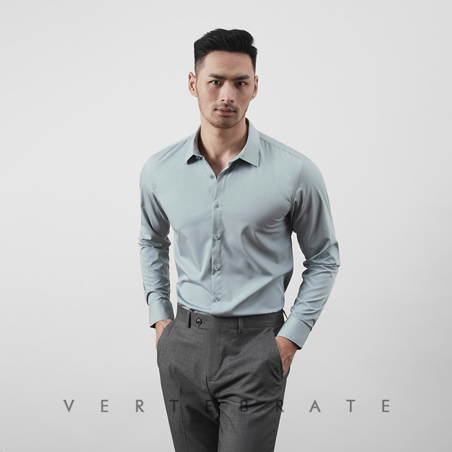 脊椎动物男装清爽蛋壳浅蓝绿色抗皱衬衫莫兰兰迪衬衫