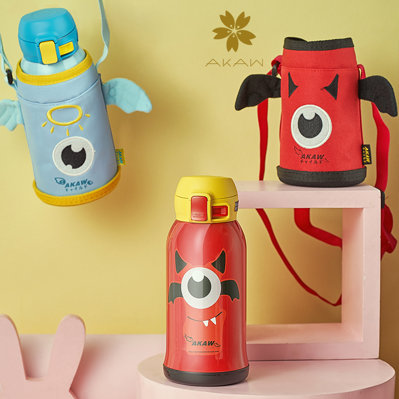 日本akaw爱家屋儿童吸管保温杯 进口不锈钢便携三盖学生保温水壶