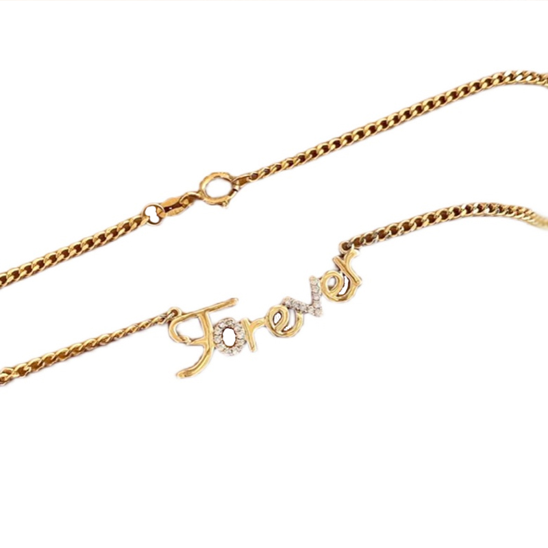 古巴链黄金18k金项链女款forever字母钻石锁骨链时尚真钻套链