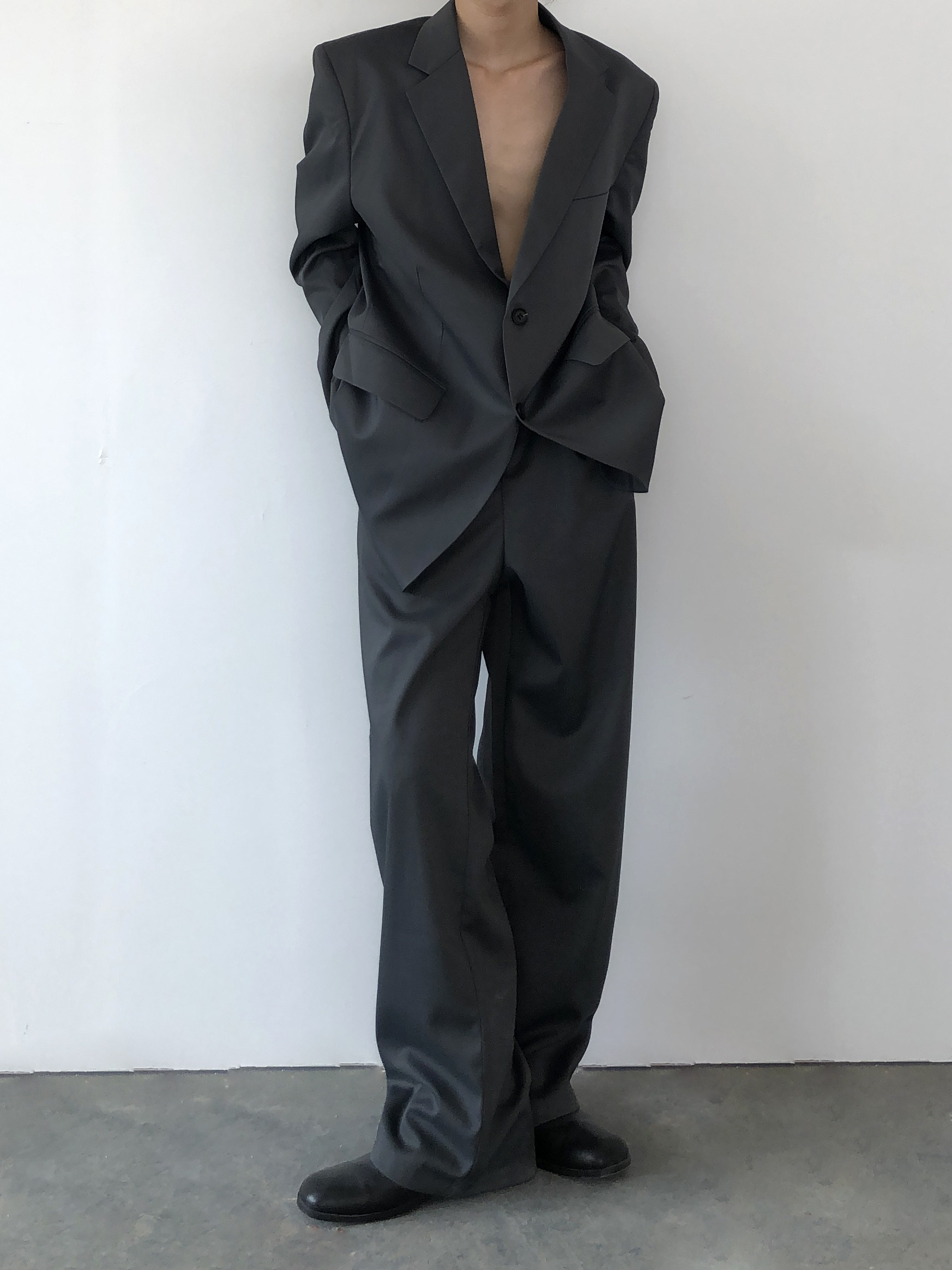 14gsl山本耀司灰绿色廓形立体剪裁垫肩西装外套西服