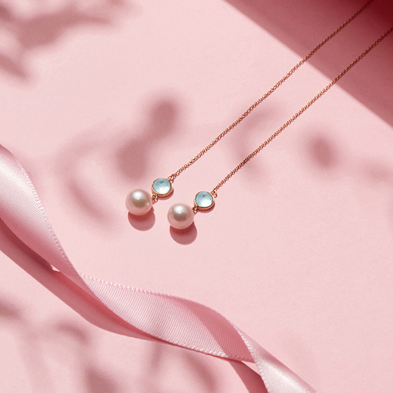 礼物花蜜日本akoya海水珍珠14k金蓝晶耳耳饰