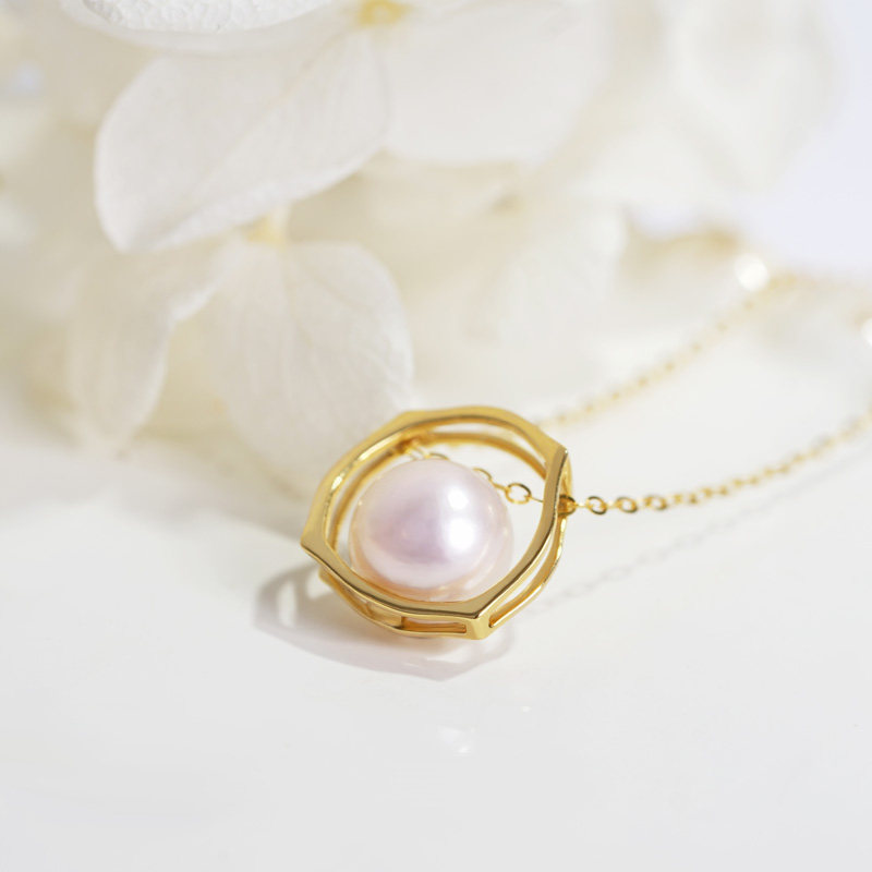 礼物花蜜日本akoya海水珍珠18k几何镂空吊坠颈饰