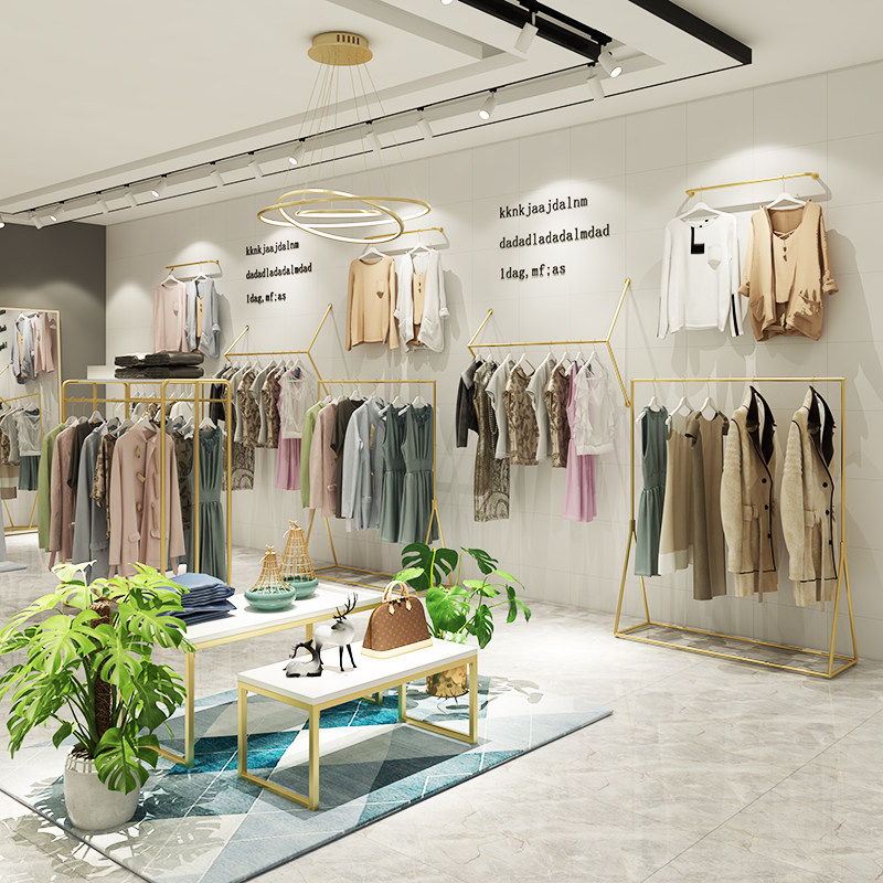 女装服装店货架展示架子陈列专用落地式卖挂衣服的杆中岛上墙金色