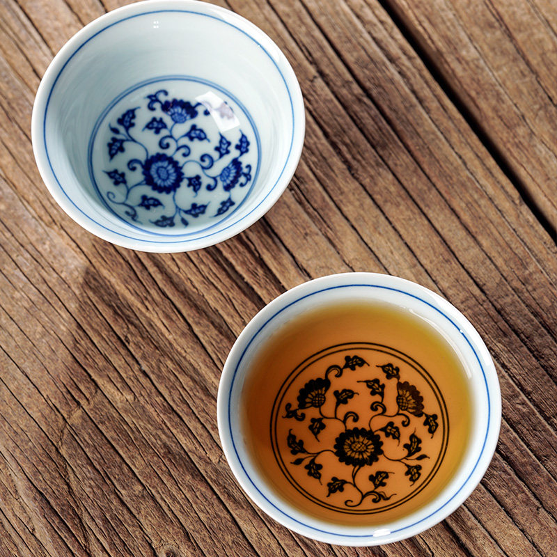 功夫茶茶杯陶瓷景德镇手绘青花缠枝莲主人杯单杯女陶瓷品茗杯茶具