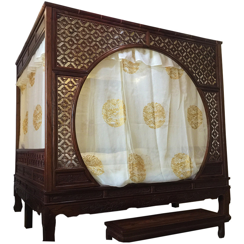 博帏床浅床幔蚊帐绣花整体黄龙架子中式双月床幔