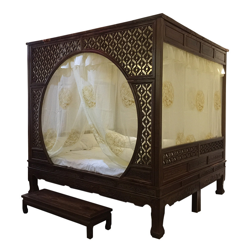 博帏架子床幔蚊帐绣花整体如意浅黄新中式双月床幔
