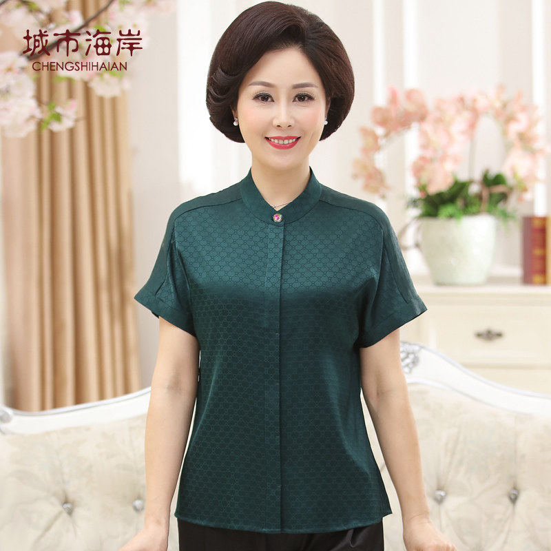 桑蚕蚕丝中老年女装夏装上衣中年真丝妈妈衬衫中老年女装