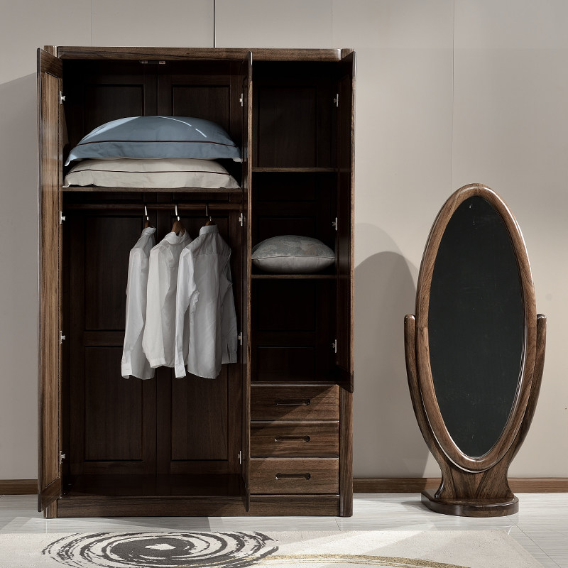 全实木衣柜 黑胡桃木衣柜 平开门四门三门大衣柜 抽屉储物柜
