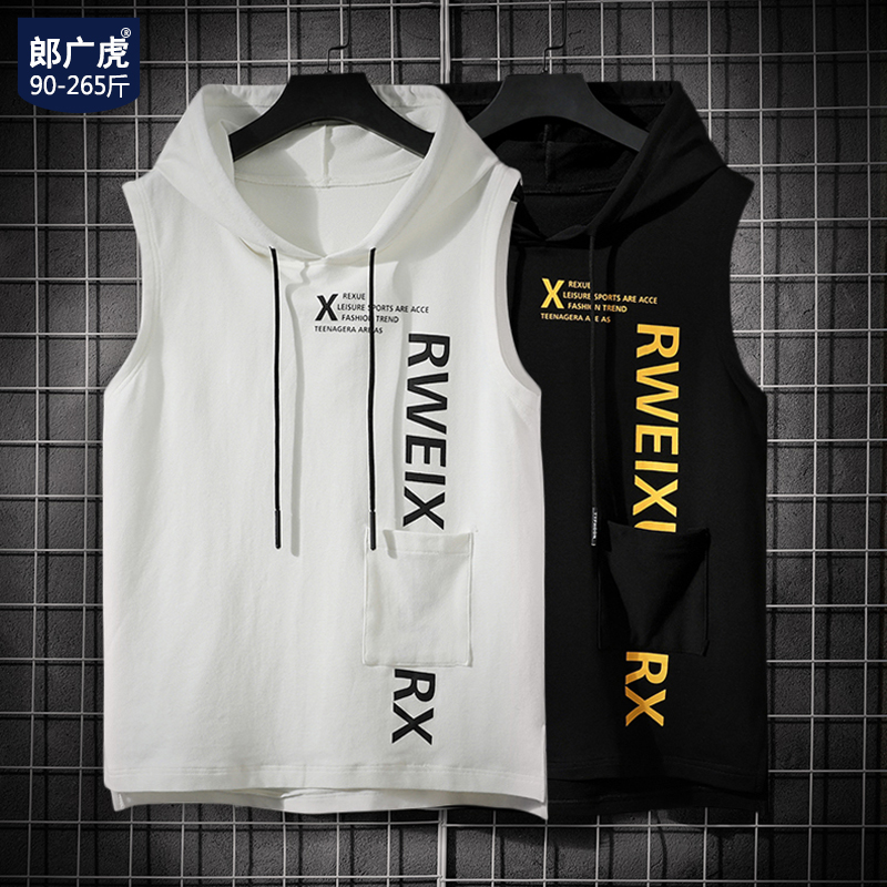 夏季背心男潮牌宽松坎肩大码潮流连帽无袖t恤健身运动篮球上衣服