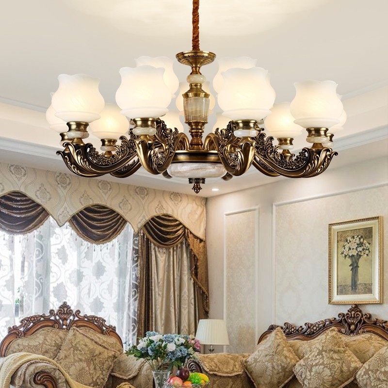 新款欧式吊灯美式锌合金玉石古铜色客厅led灯饰餐厅吊灯