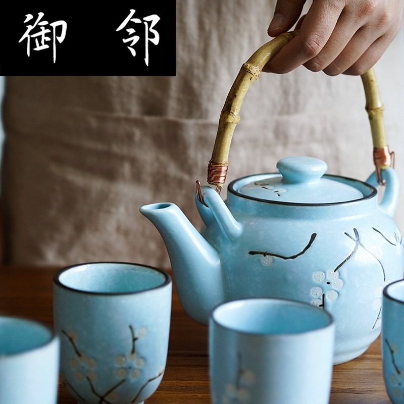 ll浅蓝色手绘梅花茶壶茶杯日式茶具陶瓷瓷釉茶壶