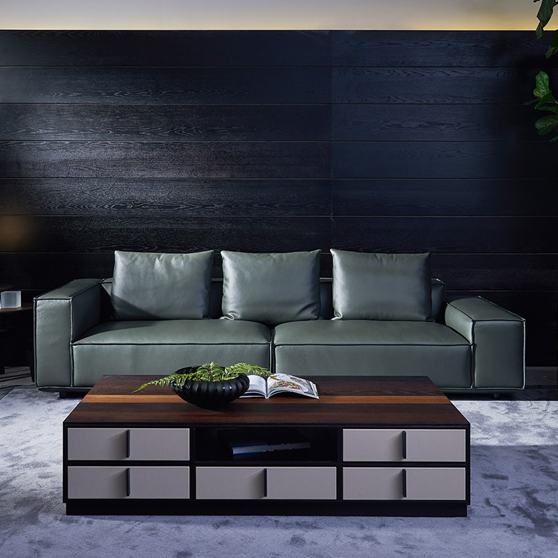 沙发意大利真皮三人位羽绒轻奢现代深色意式极简皮艺沙发