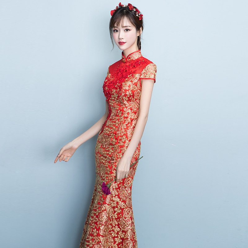 敬酒服新娘女2019新款婚礼宴会主持人鱼尾晚礼服修身性感旗袍长款