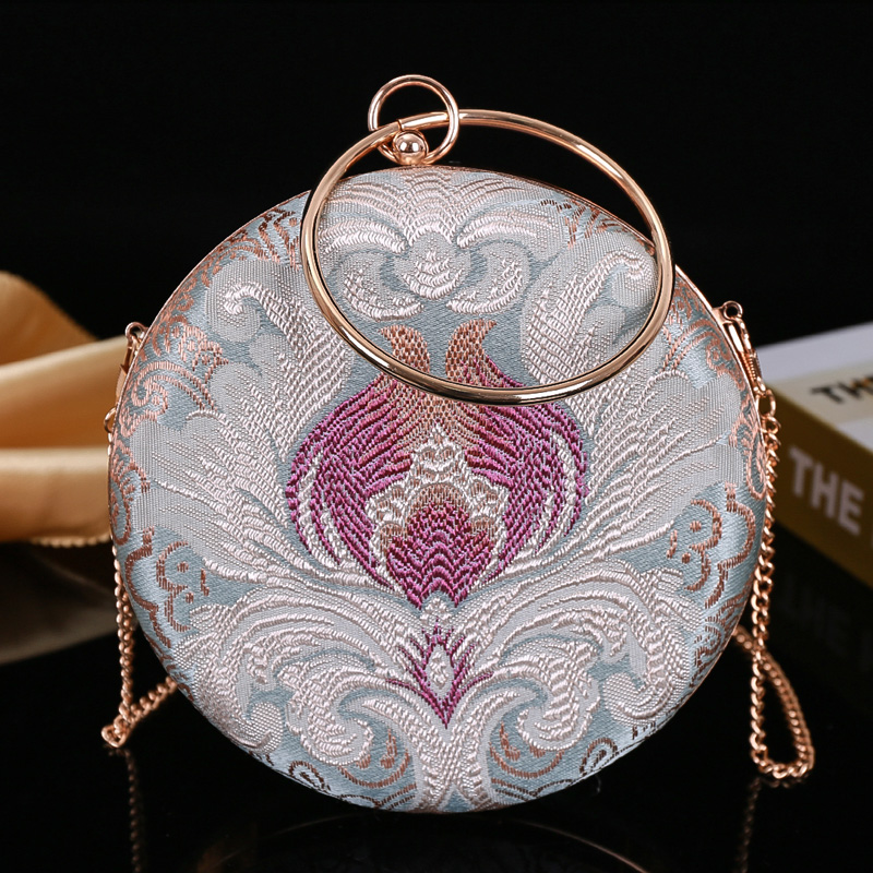 复古中国风刺绣配旗袍手提包中式古风礼服手拎包绣花圆形小包包女