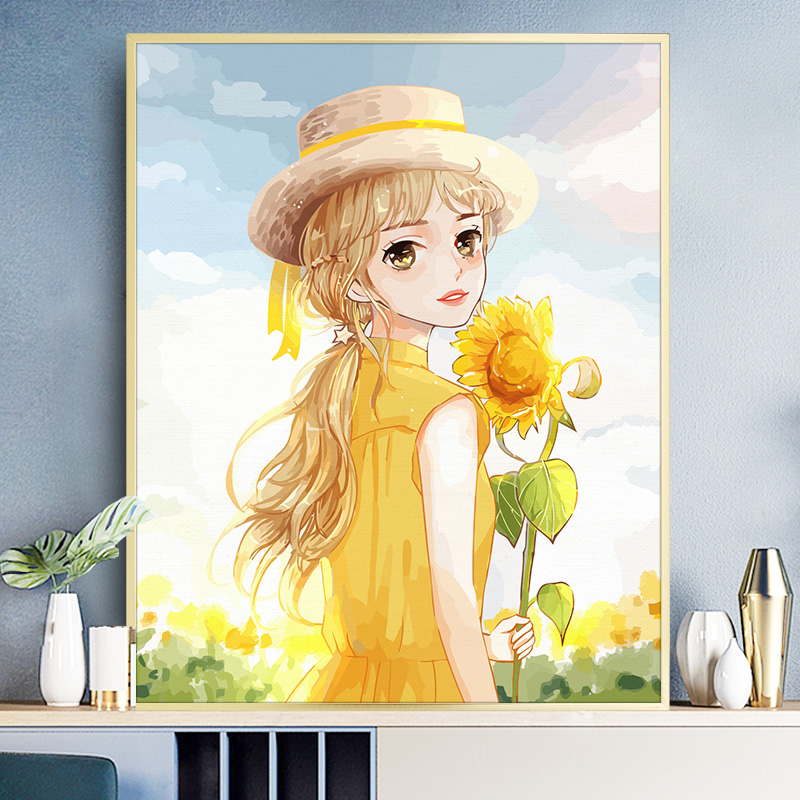 缘色diy数字油画手工填色减压向日葵女孩姑娘现代简约diy