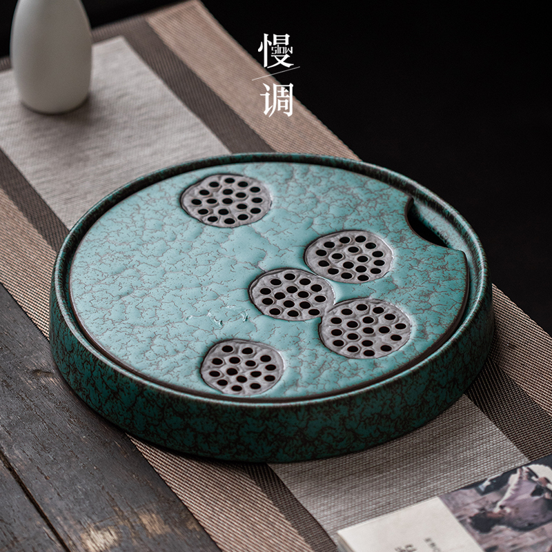 茶盘慢调粗陶大号干泡圆形储水茶托托盘茶台茶盘