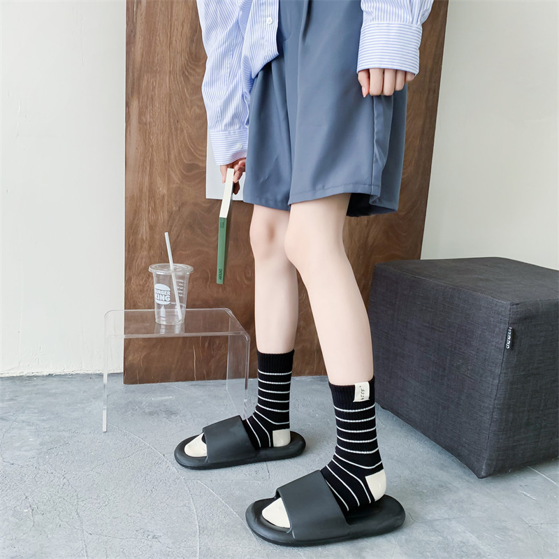 纯棉袜布条纹中筒控女袜子黑色白袜子长袜袜女中筒袜