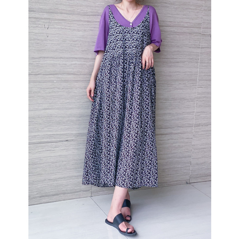 复古碎花棉布布料吊带连衣裙高腰拼接度假风大连衣裙