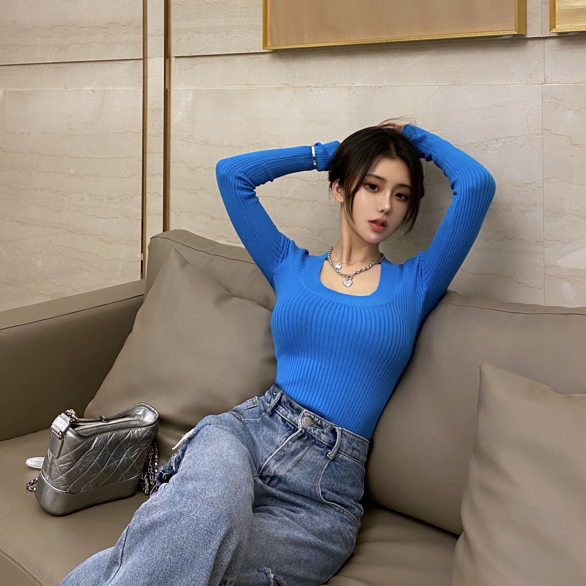 基础秋冬修身领毛针织衫性感显身身材显胸百搭毛针织衫