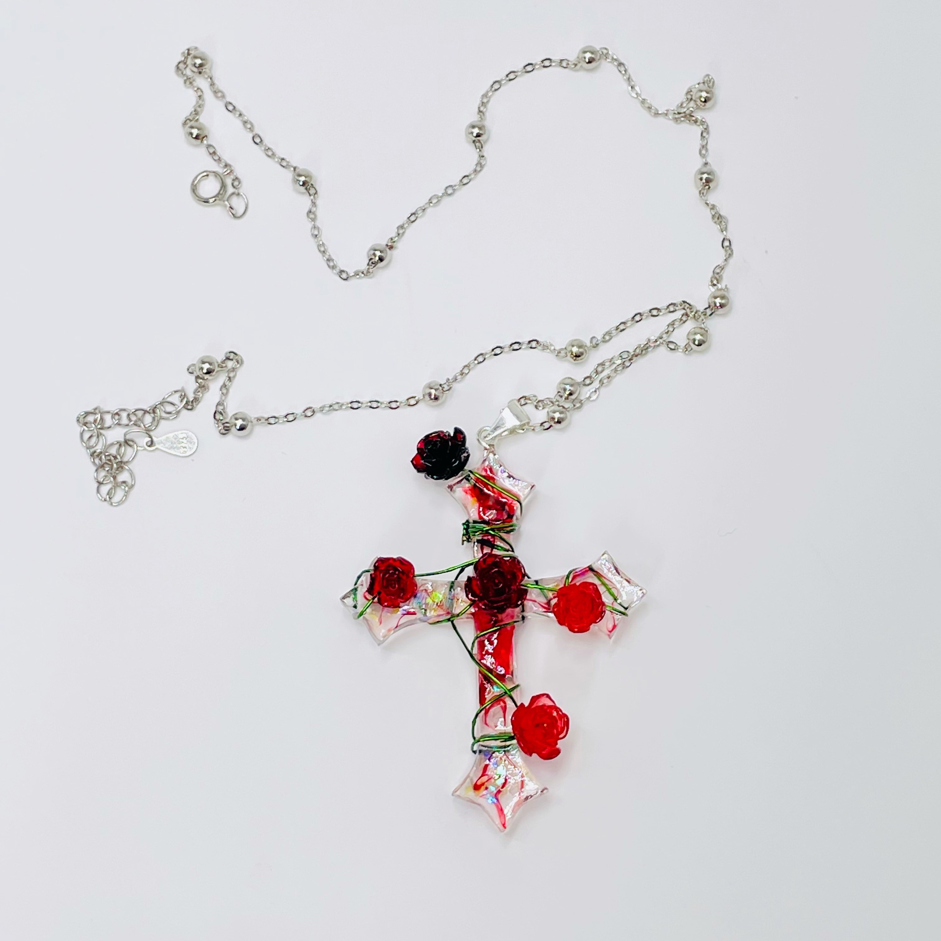 喵可手工手工制制作s925纯银十字架项链玫瑰花吊坠项坠