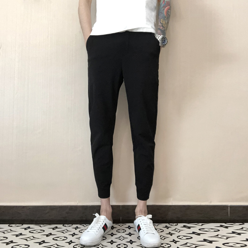 冬季黑色裤子男生九分速干修身小脚裤加绒网红同款黑武士束脚裤潮