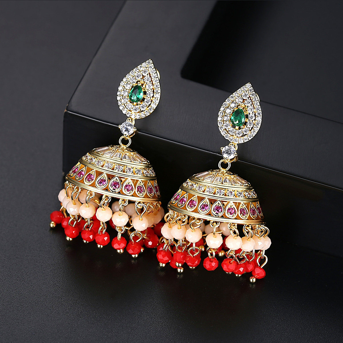 民族风锆石彩鸟鸟笼粉钻风铃流苏复古宫廷奢华耳环