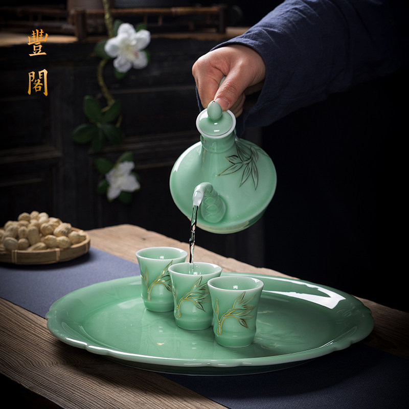 青瓷酒盅高脚杯仿古酒器中式酒杯酒具白酒杯家用酒杯
