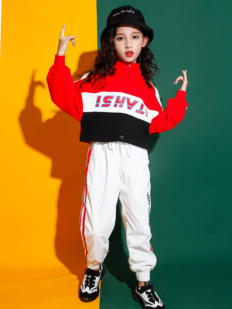 女童爵士嘻哈街舞套装秋女孩走秀露肚潮流演出服小学生运动会开幕