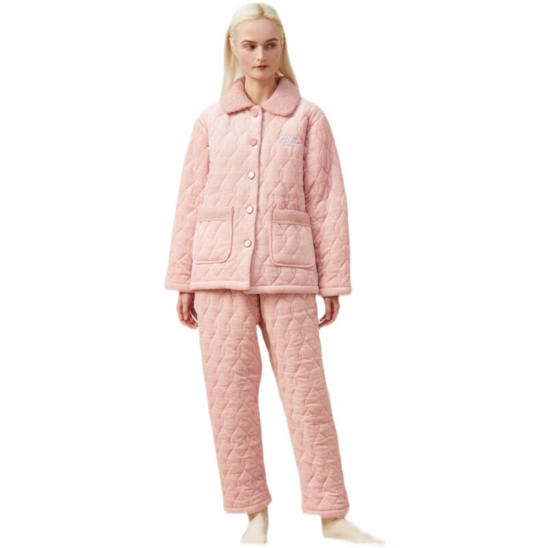 新款派邦奴21912141冬季加厚简约纯色水晶绒夹棉家居服睡衣女套装