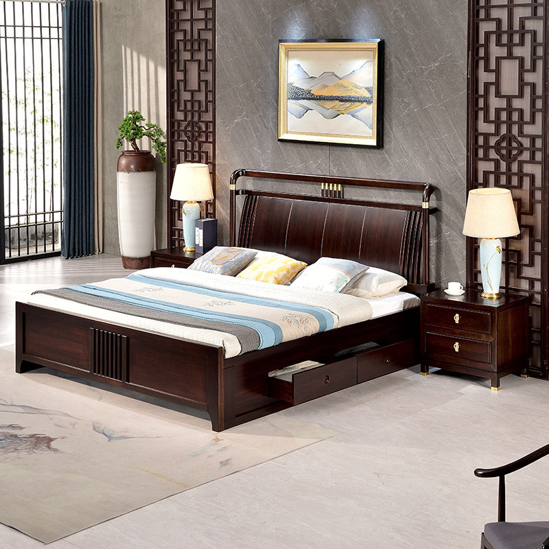 新中式黑檀木床1.8米金丝黑胡桃全实木双人高箱储物软靠轻奢主卧