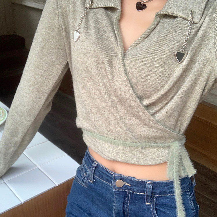 財哥不熬夜长袖打底针织小衫女修身显瘦春季短款上衣别致设计感女